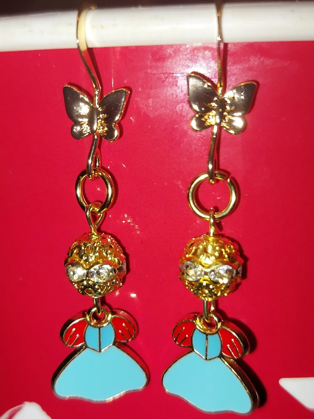 Gold Butterfly Drop Earrings with Turquoise and Red Enamel Accents